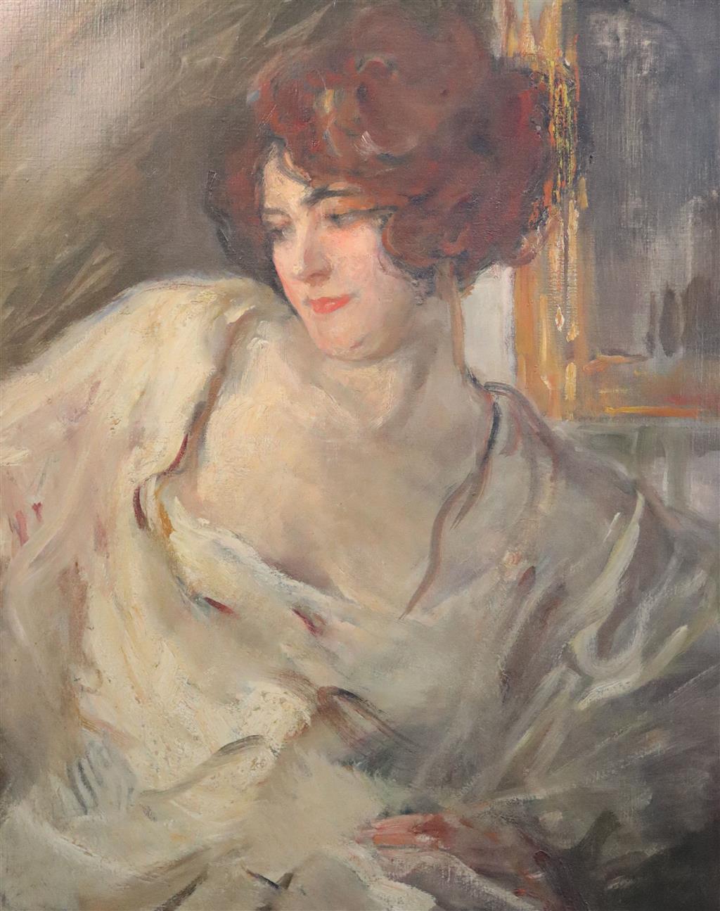 Albert de Belleroche (1864-1944) Portrait of an auburn haired woman 31 x 25in.
